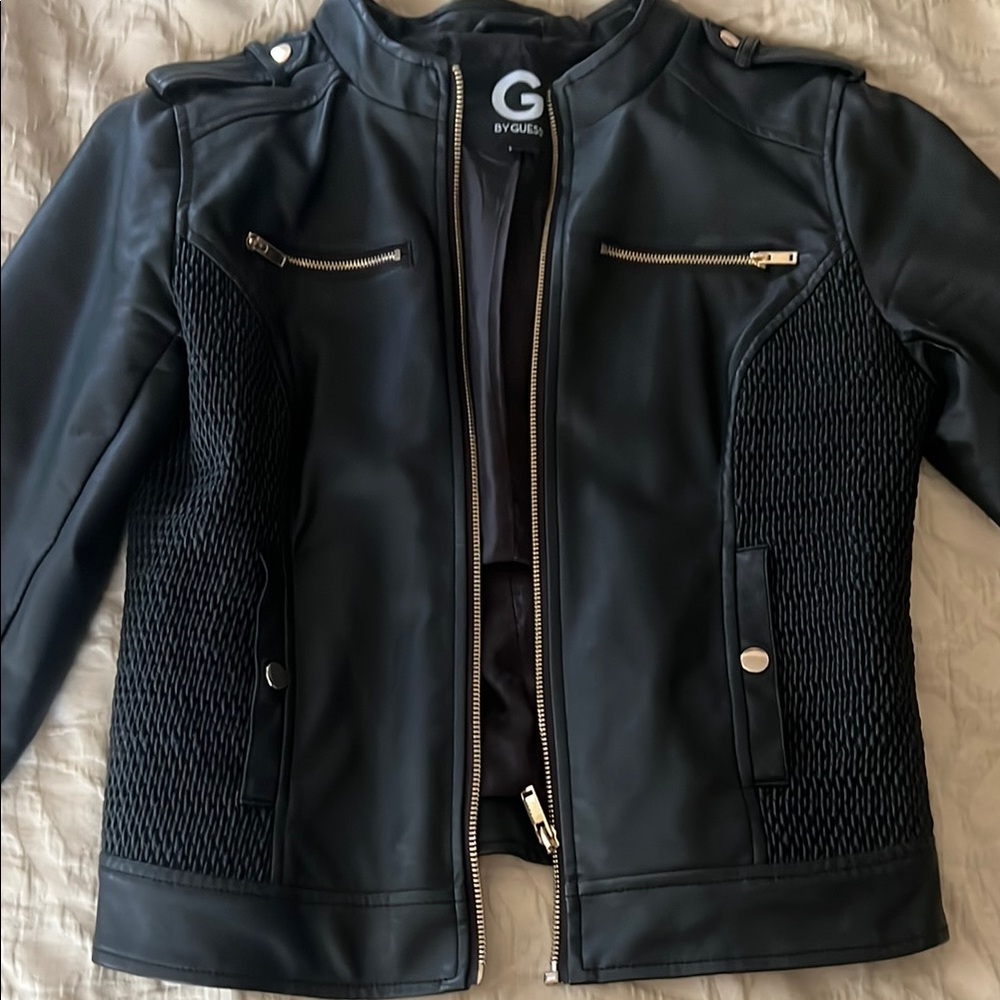 G by Guess Black Faux Leather Jacket with Gold Zippers